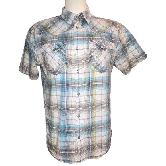 Prana Short Sleeve Pearl Snap Shirt Size Medium Plaid Western Dual Pockets - Picture 1 of 10